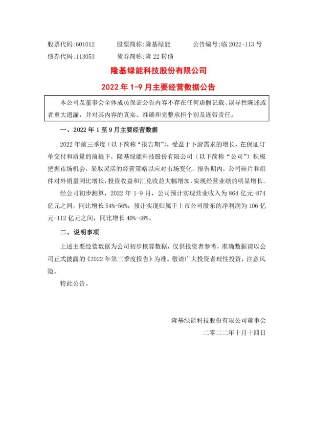 隆基綠能：營(yíng)收或超864億，預(yù)計(jì)前三季凈利或在106億元-112億元之間
