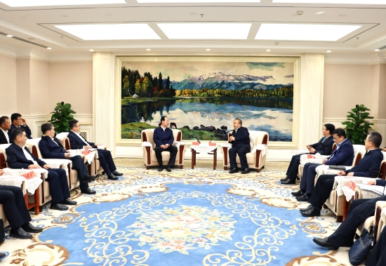 中國(guó)電建黨委書(shū)記、董事長(zhǎng)丁焰章與新疆維吾爾自治區(qū)政府主席艾爾肯·吐尼亞孜會(huì)談